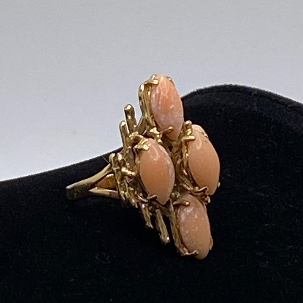1970s Modernist 14k Gold Angel Skin Coral Cocktail Ring Brutalist Mid Century